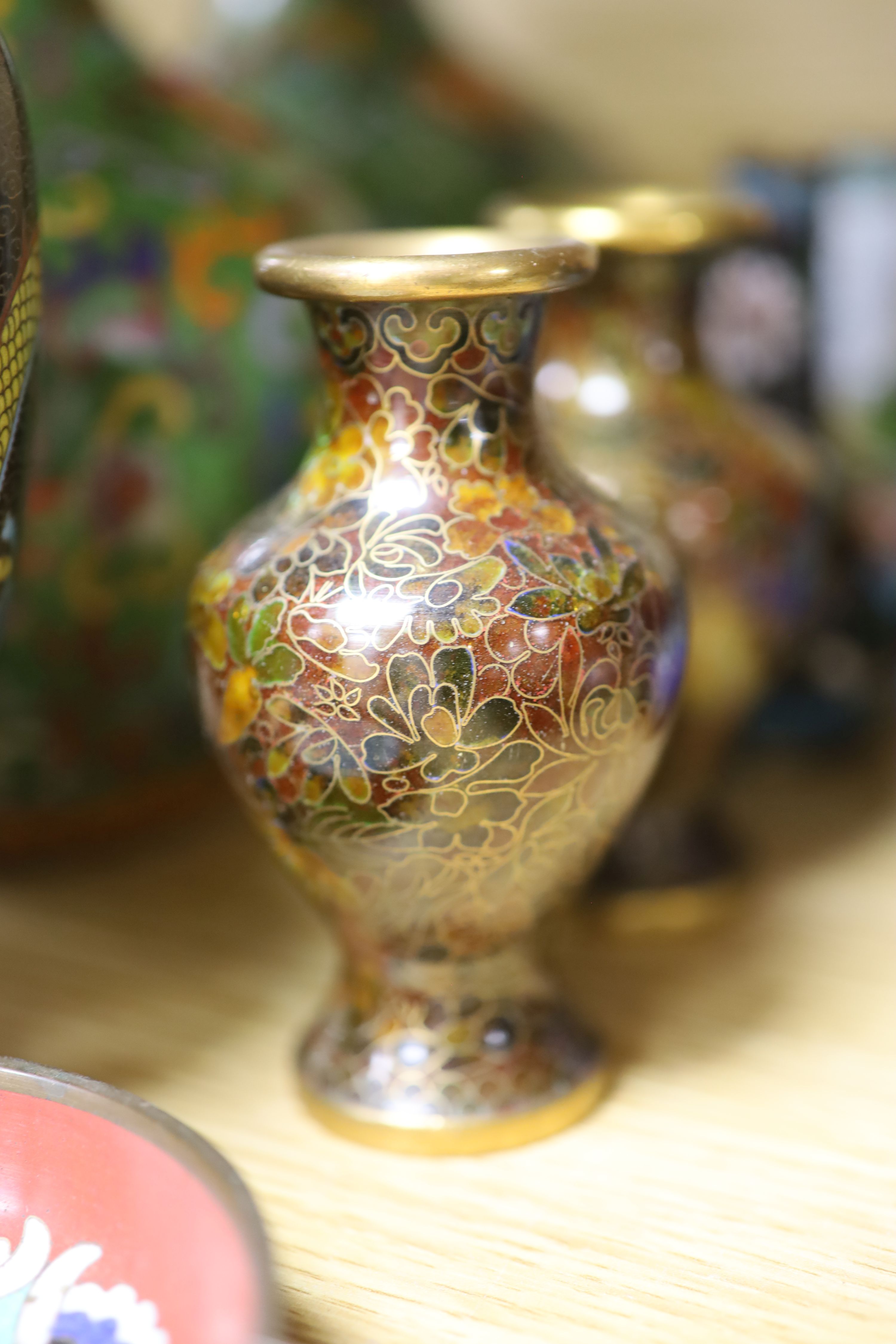 A large collection of cloisonne vases, pots, bowls etc, tallest 31cm